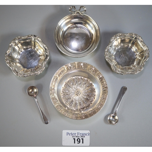 191 - Pair of Birks Sterling salts with EPNS spoons, together with a small bowl with ribbon mount marked 9... 