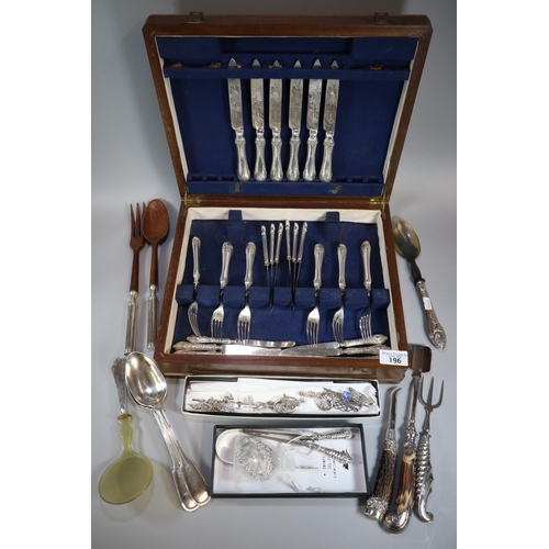 196 - Collection of silver, silver plated and other flatware, some wooden, some with horn decoration, Bran... 