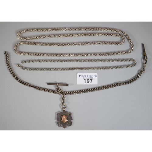 197 - Silver curb link T Bar Albert pocket watch chain with fob together with two other white metal chains... 