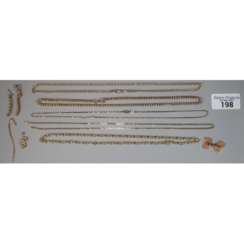 198 - Bag of assorted 9ct gold to include: chains, cufflink, scrap gold etc.  Total weight 22g approx.   (... 