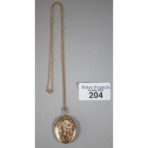 204 - 9ct gold gold engraved locket on a 9ct gold fine link chain.  8.4g approx.  (B.P. 21% + VAT)