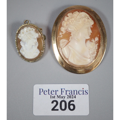 206 - 9ct gold cameo portrait brooch together with a silver cameo portrait brooch.  (2)   (B.P. 21% + VAT)