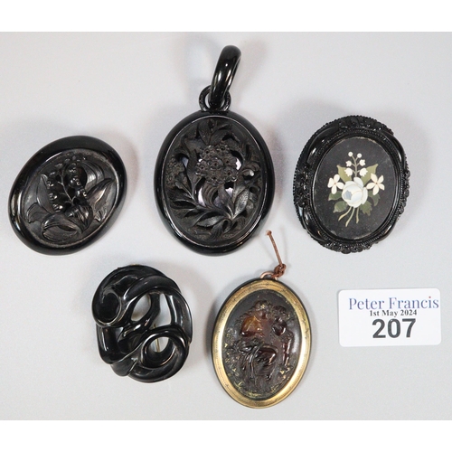 207 - Collection of mainly Victorian mourning brooches/pendants, Pietra Dura design, amber coloured, relie... 