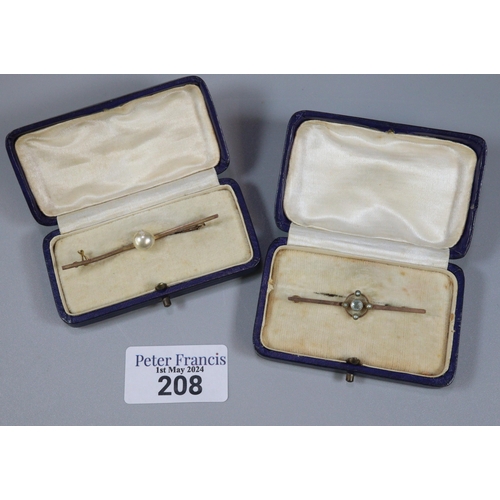 208 - Edwardian 9ct gold and seed pearl bar brooch in fitted case.  2.1g approx., together with another 9c... 