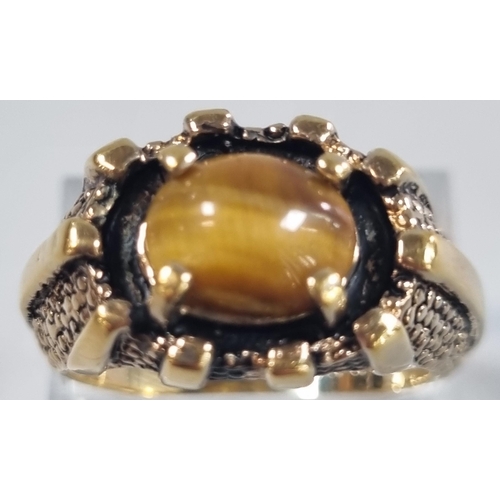 215 - 14K gold plated dress ring inset with Tiger's Eye stone.  Size S.   (B.P. 21% + VAT)