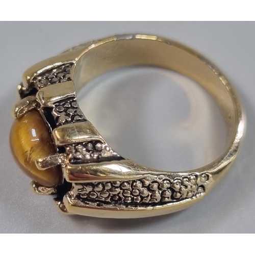 215 - 14K gold plated dress ring inset with Tiger's Eye stone.  Size S.   (B.P. 21% + VAT)