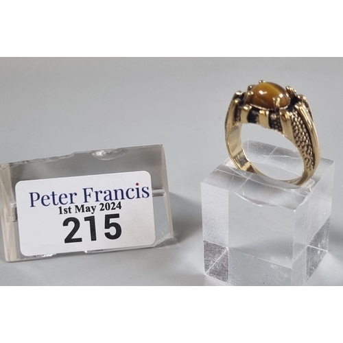 215 - 14K gold plated dress ring inset with Tiger's Eye stone.  Size S.   (B.P. 21% + VAT)