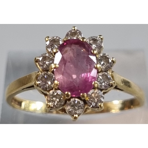 222 - 18ct gold pink stone and diamond cluster ring (possibly sapphire).  3.1g approx.   (B.P. 21% + VAT)