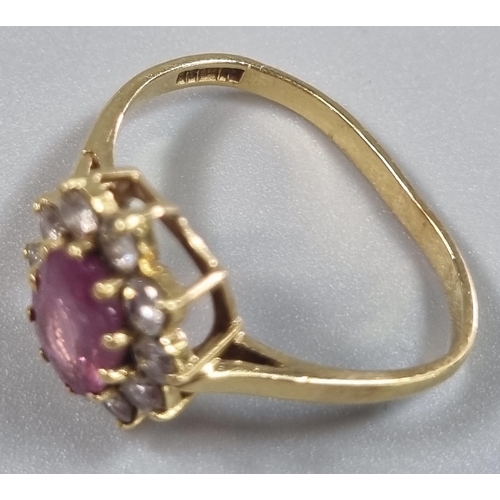 222 - 18ct gold pink stone and diamond cluster ring (possibly sapphire).  3.1g approx.   (B.P. 21% + VAT)