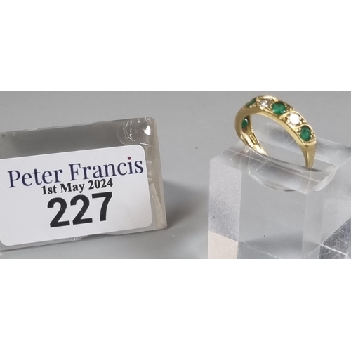 227 - 18ct gold diamond and emerald seven stone ring.  3g approx.  Size J.  (B.P. 21% + VAT)