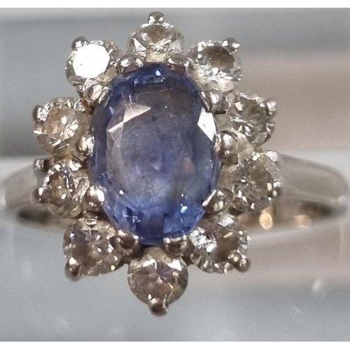 230 - 18ct gold powder blue sapphire and diamond cluster ring.  3.7g approx.  Size H.   (B.P. 21% + VAT)