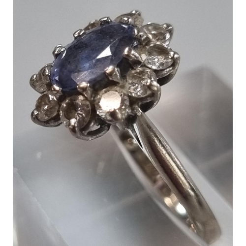 230 - 18ct gold powder blue sapphire and diamond cluster ring.  3.7g approx.  Size H.   (B.P. 21% + VAT)