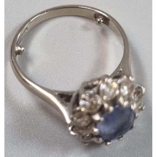 230 - 18ct gold powder blue sapphire and diamond cluster ring.  3.7g approx.  Size H.   (B.P. 21% + VAT)