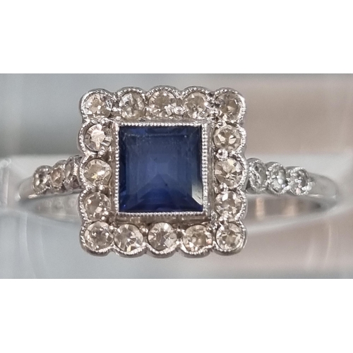 235 - 18ct white gold Art Deco design diamond and sapphire ring.  2g approx.  size L.   (B.P. 21% + VAT)