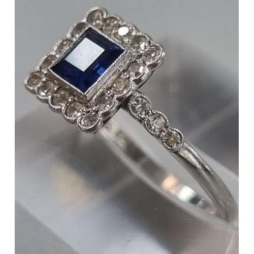 235 - 18ct white gold Art Deco design diamond and sapphire ring.  2g approx.  size L.   (B.P. 21% + VAT)