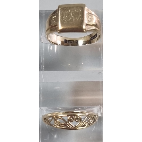 238 - 9ct gold signet ring with initials together with another 9ct gold pierced foliate ring.  5.7g approx... 