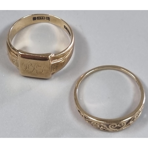 238 - 9ct gold signet ring with initials together with another 9ct gold pierced foliate ring.  5.7g approx... 