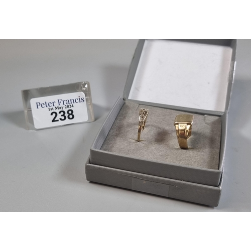 238 - 9ct gold signet ring with initials together with another 9ct gold pierced foliate ring.  5.7g approx... 