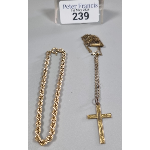 239 - 9ct gold rope twist bracelet.  2.2g approx. together with a 9ct gold crucifix pendant and plated cha... 