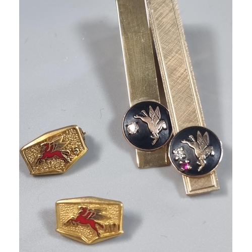 242 - Two similar tie pins, one marked 10K, both with gold pendants of Pegasus horse, ruby and diamonds. 1... 