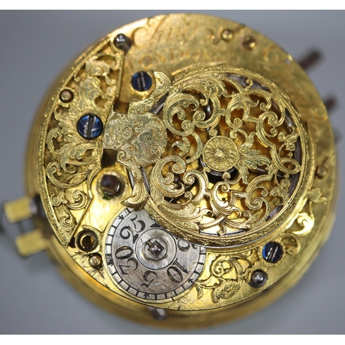 248 - 18th century pocket watch movement only by Andrew Dunlop of London, having Fusee movement with folia... 