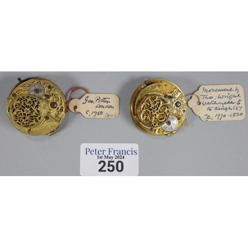 250 - Two 18th century Fusee pocket watch movements only to include: one marked Thomas Wright of London an... 