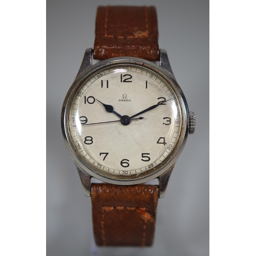 256 - Vintage Omega steel mechanical gentleman's military style wristwatch with Arabic numerals, sweep sec... 