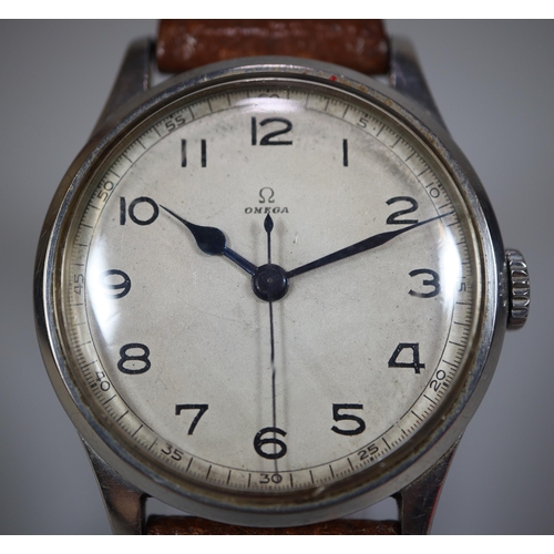 256 - Vintage Omega steel mechanical gentleman's military style wristwatch with Arabic numerals, sweep sec... 