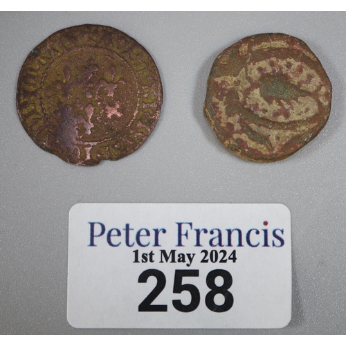 258 - 16th/17th century French Jetton copper alloy token together with a probably 16th/17th century copper... 