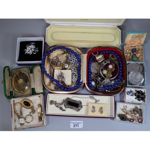 271 - Plastic box of costume and some silver jewellery to include: silver bangle, coin bracelet, earrings,... 