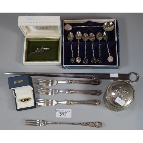 273 - Box of oddments to include: set of miniature spoons with hardstone terminals, silver plate Ich Dien ... 