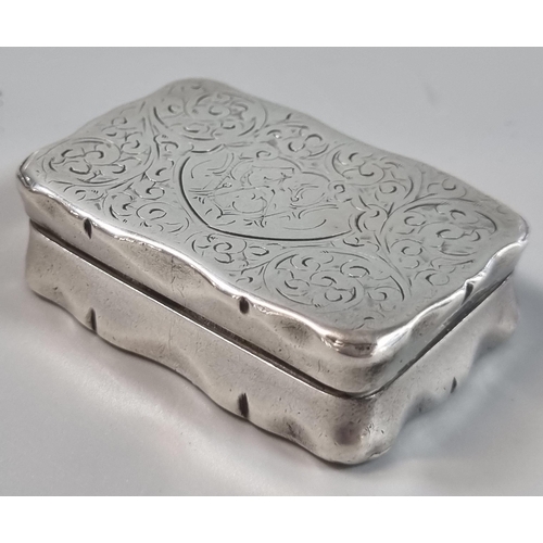 278 - Silver snuff box with hinged foliate engraved cover.  Birmingham hallmarks.  1.5 troy oz approx.  5.... 