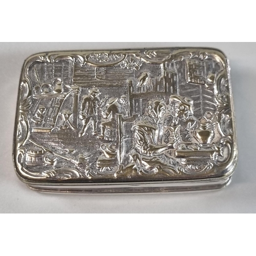 280 - Silver plated snuff box with relief cast scenic hinged cover.  Un-marked.  72mm accross approx.   (B... 