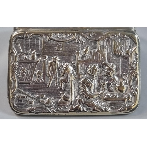 280 - Silver plated snuff box with relief cast scenic hinged cover.  Un-marked.  72mm accross approx.   (B... 