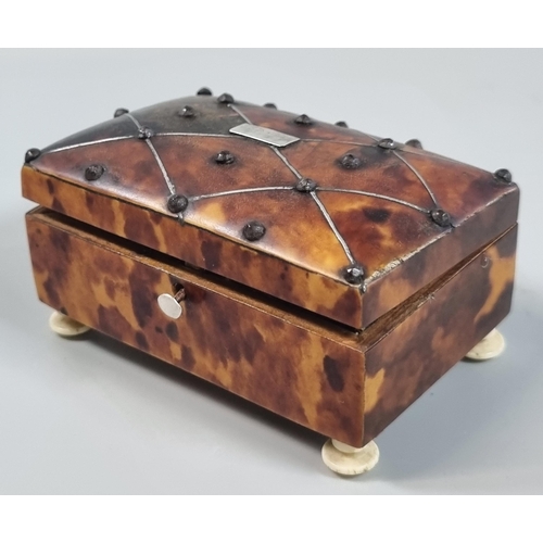 284 - 19th century tortoiseshell snuff box with metal studs and geometric stringing to the domed cover, st... 