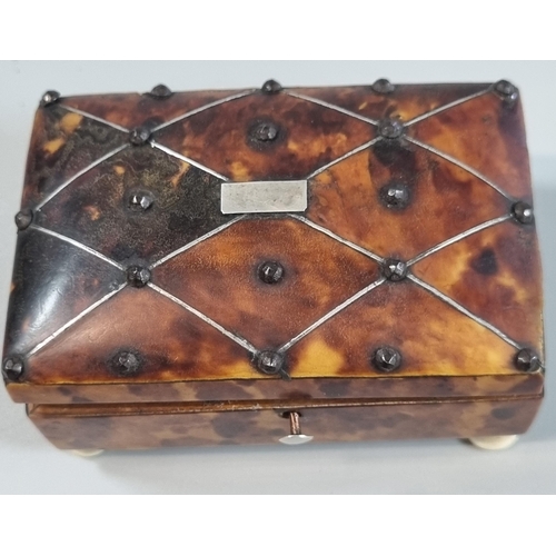 284 - 19th century tortoiseshell snuff box with metal studs and geometric stringing to the domed cover, st... 