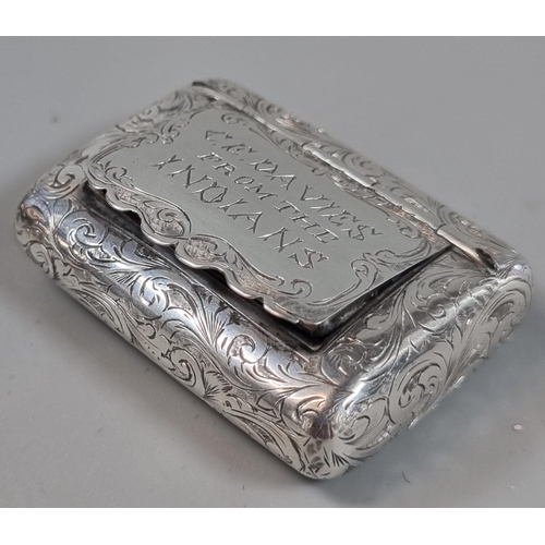 288 - 19th century silver cushion shaped snuff box with overall foliate engraved decoration and inscribed ... 