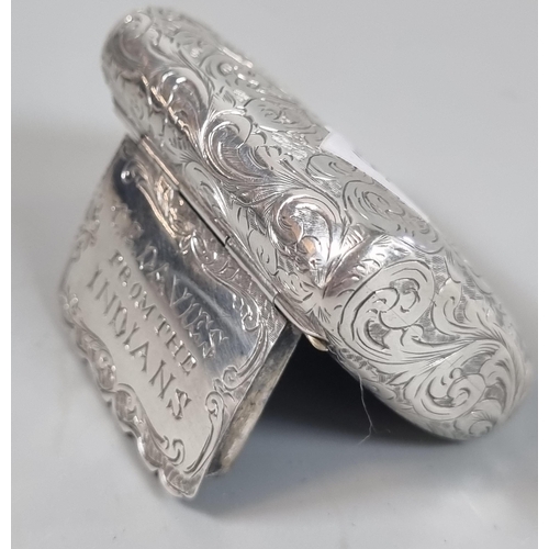 288 - 19th century silver cushion shaped snuff box with overall foliate engraved decoration and inscribed ... 