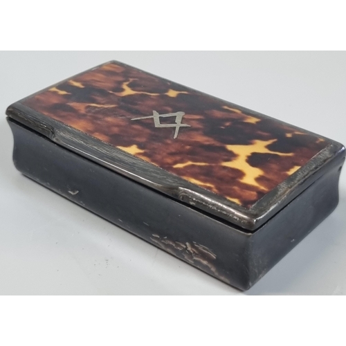 289 - 19th century horn and tortoiseshell Masonic rectangular snuff box with hinged cover.  8cm wide appro... 