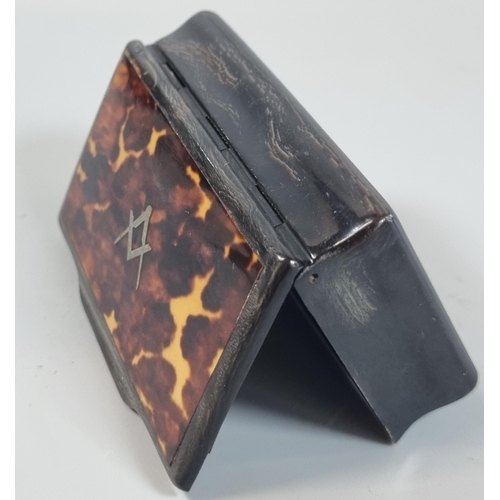 289 - 19th century horn and tortoiseshell Masonic rectangular snuff box with hinged cover.  8cm wide appro... 