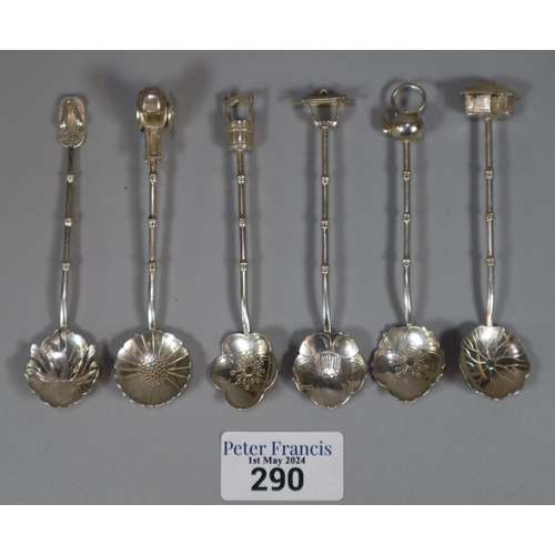 290 - Set of Oriental 950 silver spoons, all with decorative terminals in the shape of rickshaw, kettle, h... 