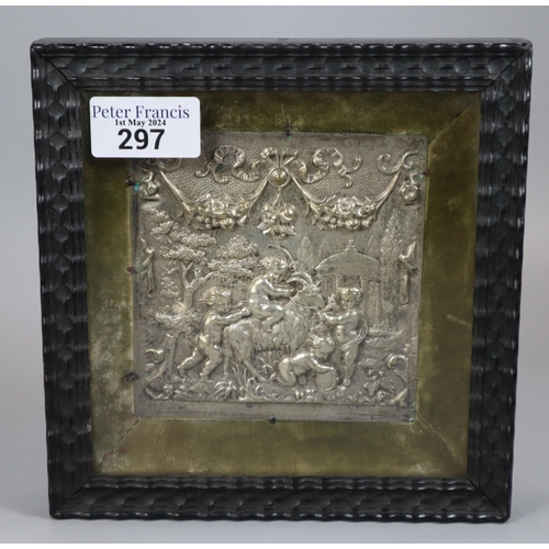 297 - Small silver repoussé panel decorated with cherubs playing on a goat, 18th century glazed double sid... 