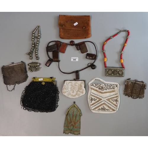 299 - Collection of assorted jewellery items: beadwork and mesh bags, leather and bead necklaces, white me... 