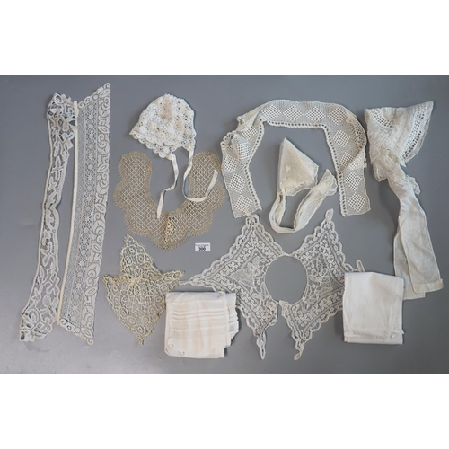 300 - Collection of antique handmade lace collars, cotton neckties, lace jabot, lace and embroidered baby'... 