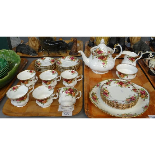 303 - Two trays of Royal Albert 'Old Country Roses' design teaware to include: teacups and saucers, teapot... 