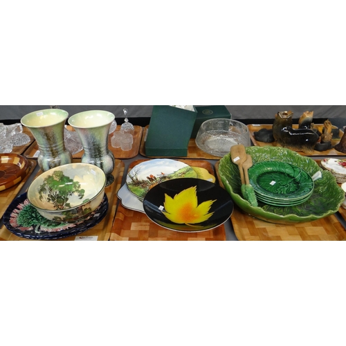 304 - Three trays of china to include: Majolica green cabbage and other plates, Portuguese Majolica large ... 