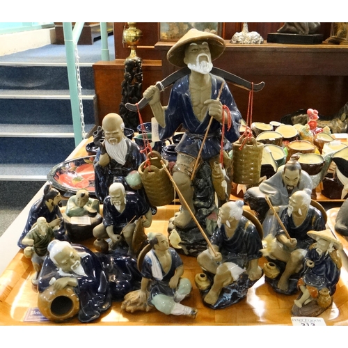 313 - Tray of modern Chinese mudmen style figures, mainly fishermen. One has sticker for Shiwan Artistic C... 