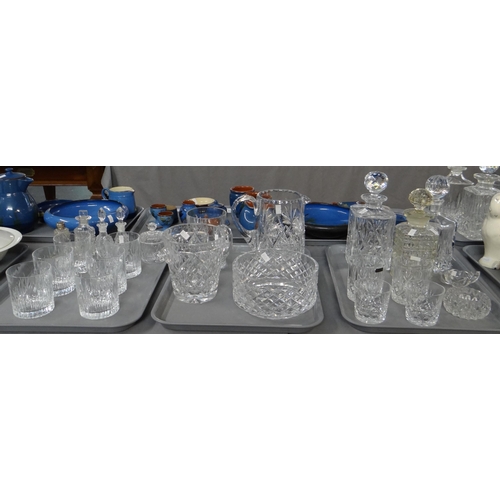 319 - Three trays of glassware to include: cut glass decanters, pitcher, Thomas Webb and other whisky tumb... 