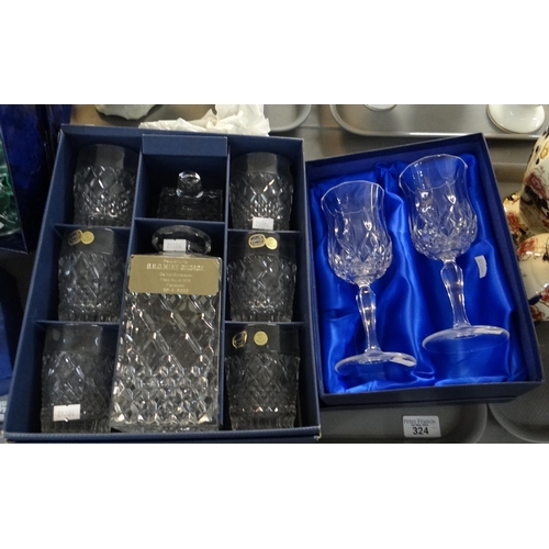 324 - Three trays of boxed glass and china to include: Bohemia crystal decanter set, pair of Bohemia cryst... 