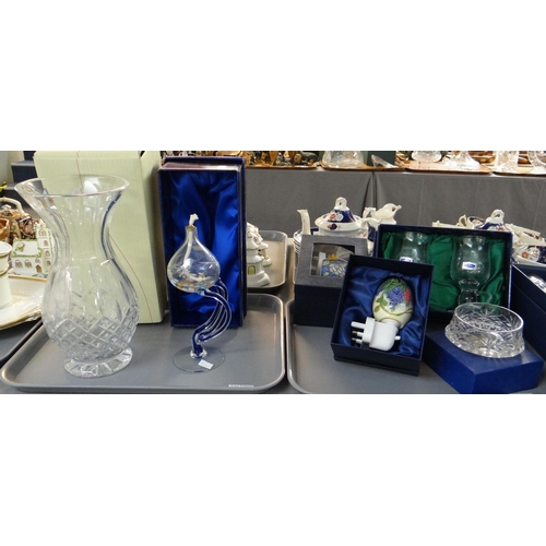 324 - Three trays of boxed glass and china to include: Bohemia crystal decanter set, pair of Bohemia cryst... 